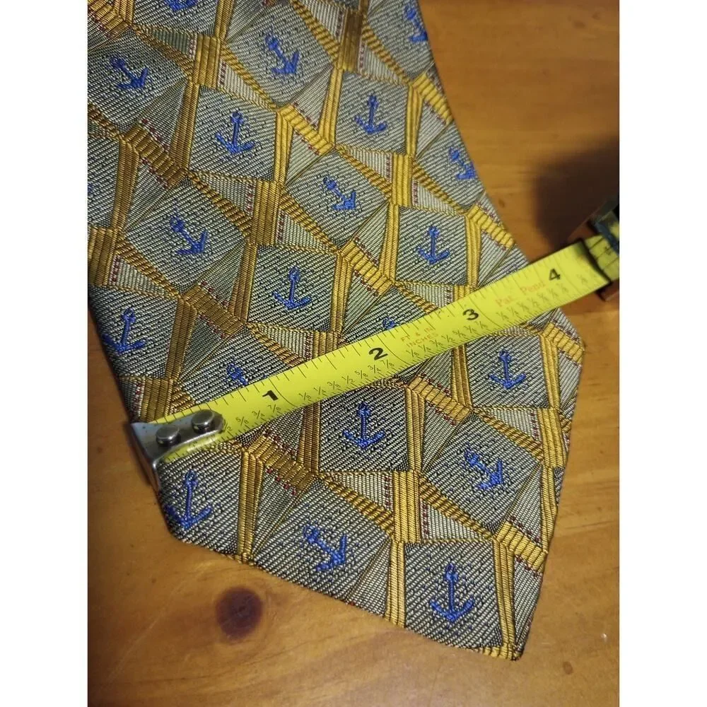 H. Stockton Atlanta NEW Neck Tie Silk Face‎ Gold and Blue Anchor Print